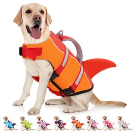 AOFITEE Dog Life Jacket, Dog Life Vest for Swimming, Shark Dogs Swimming Vest with Rescue Handle and Reflective Stripe, Ripstop Pet Float Coat Swimsuit Lifesaver Small Medium Large Dogs Orange M
