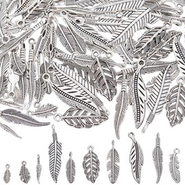 SUNNYCLUE 1 Box 100pcs 10 Styles Silver Feather Charms Bulk Leaf Charms Silver Alloy Tibetan Style Spring Autumn Metal Tree Leaves Charm For Jewelry Making Women Bracelet Crafting Projects Supplies