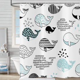 Hnmdmyi Funny Shower Curtain 180x180, Cartoon Whale Shower Curtains Cute Ocean Animal Abstract Black Blue Fish Kids Bathroom Curtains with Hooks Waterproof Polyester Fabric Washable Bath Curtains