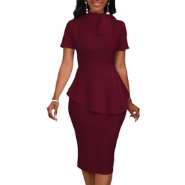 Church Dress for Women Fashion Peplum Bodycon Short Sleeve Work Dresses Bow Club Ruffle Pencil Formal Cocktail Dress Burgundy X-Large