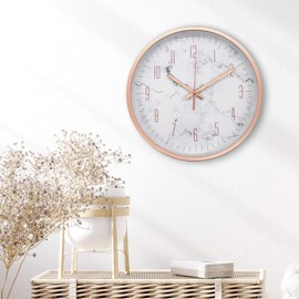 K&L Wall Art Silver Pink Wall Clock without Ticking Noises Marble Wall Clocks Modern Living Room Decoration Silent Quartz Movement (Marbled Rose Gold, Diameter 25 cm)