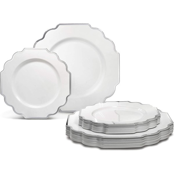 " OCCASIONS" 50 Plates Pack (25 Guests)-Heavyweight Wedding Party Disposable Plastic Plate Set -(25 x 10.5'' Dinner + 25 x 8'' Salad/Dessert) (Imperial in White & Silver Rim)