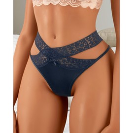 Banamic Lace Underwear for Women V-waisted Stretch Breathable Panties Underwear Blue