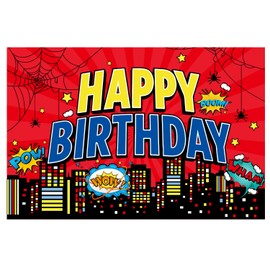 Red Spider Web Happy Birthday Backdrop, 3.3x4.9ft Cartoon Theme City Photo Banner Comic Birthday Party Decoration Anime Wall Decor Sign for Boys Kids Baby Shower Theme Party Supplies