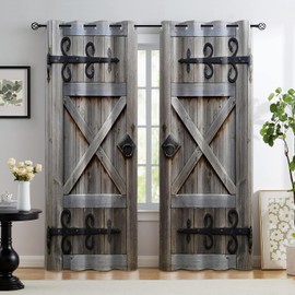 Renaiss Rustic Wood Barn Door Blackout Curtains, Gray Farmhouse Wooden Door Print Curtains for Living Room, Western Retro Grommet Bedroom Window Curtains, 53W x 96L inch / 2 Panel Set