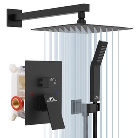 Shower System Rainfall Shower Faucets Set Matte Black, 10 Inch Wall Mounted Rain Shower Head with Handheld Spray Shower Valve and Trim Included