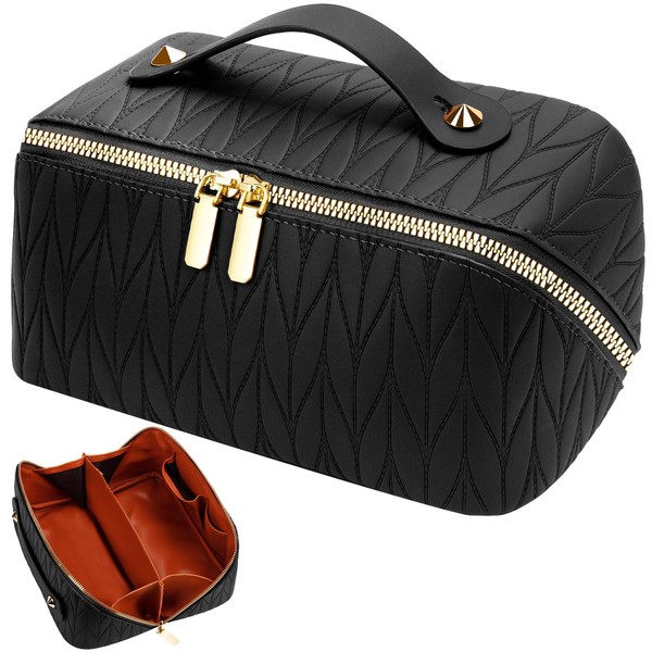 LUROON Makeup Bag, PU Leather Portable Travel Cosmetic Bag Women's Large Capacity Make Up Bag Waterproof Multifunctional Toiletry Bag with Divider Cosmetic Travel Bag, black, casual