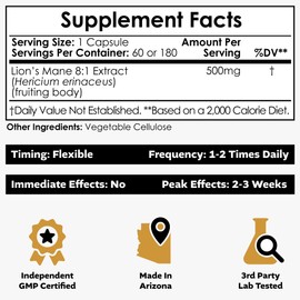 Nootropics Depot Lions Mane Mushroom Capsules | 8:1 Whole Fruiting Body Dual Extract | 500mg | 180 Count | Hericium erinaceus