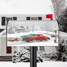Ivarunner Winter Red Truck Mailbox Covers Magnetic with Dog Theme, Christmas Red Truck Decorations Christmas Mailbox Cover 21 x 18 Inch Wraps Post Letter Box Decor for Garden Yard Outdoor Décor