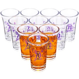 Sliner 48 Pack Birthday Shot Glasses Bulk 1.4oz Cheers to 30/40/50/60/70/80 Years Shot Glass Unbreakable Thick Base Mini Clear Plastic Wine Glass Anniversary Favors for Guests(Purple,70 Years)