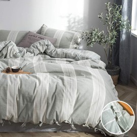 BISELINA 100% Washed Cotton Striped Duvet Cover Set 3pcs Bowknot Bow Ties Strap Design Reversible Soft Yarn Dyed Linen Feel Chic Country Bedding (Full, Grayish Green)