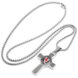 Schmuck-Checker Detailed Templar Cross Pendant & Chain Crusader Crest Silver Red 316L Stainless Steel Men's Gift, Stainless Steel