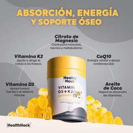 Gomitas de Vitamina D3 400 UI + K2 sabor Piña | 60 gomitas para 1 mes con Aceite de Coco, Citrato de Magnesio, Q10, Ingredientes Naturales, Formula Vegana Sin Azúcar | Health Hack