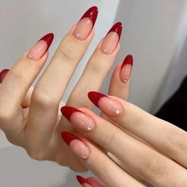 BABALAL Press on False Nails Almond Medium Fake Nails Red Burgundy French Tip Glue on Acrylic Nails Rhinestone Bling 24Pcs Stiletto Manicure Stick on Stiletto Artificial