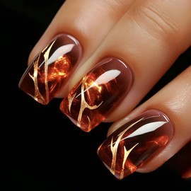Press On Nails Coffin Fake Nails Flame Stick On Nails Dark Red Glue On Nails Golden Stripes Glossy Shiny Gradient Artificial Nails Full Cover Acrylic Nail Kit For Women Girl 24pcs