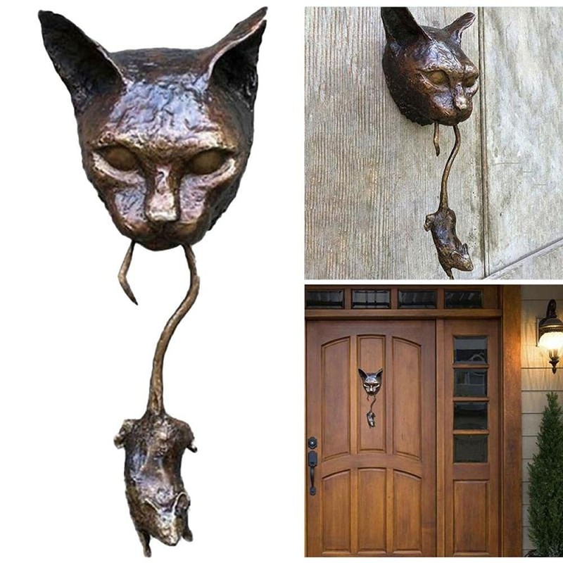 HUSHUI Door Knocker, Cat Door Knocker Sculpture Cat Catch Mouse