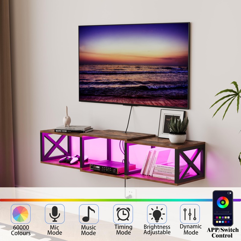 NinPeen Floating TV Stand with Power Outlets,Wall-Mounted Entertainment Console with