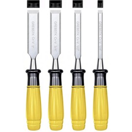 GREBSTK 4PCS Wood Chisel Set, Burr-Free CR-V Steel Beveled Blades, 25° Bevel Edge, Ergonomic Handle with Blade Guards for DIY & Woodworking (1/4", 1/2", 3/4", 1")