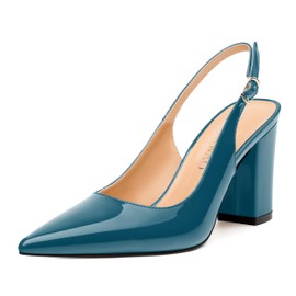 RLYGHWAO Women's Pumps, Pointed Toe High Heels, Slingback with Buckle, Fashion Solid Patent Pumps for Working Partying Wedding Teal Patent Size 7.5