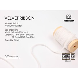 Vitalizart 1/8" White Velvet Ribbon Ivory 30 Yard Fabric Trim Thin Velvet Ribbon for Gift Wrapping Christmas Decoration Crafts Wreath Tree Ornaments