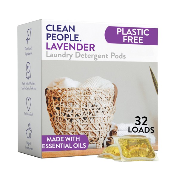 Clean People Laundry Detergent Pods - Plant-Based, Hypoallergenic Laundry Pods - Ultra Concentrated, Plastic Free, Recyclable Packaging, Stain Fighting - Lavender, 32 Pack
