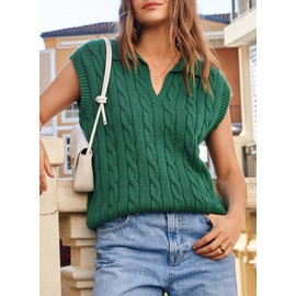 Dokotoo Sweater Vest V Neck Lapel Collar Cable Knit Vest for Women Sleeveless Sweater Vest Knit Fashion Womens Tank Tops Green Large
