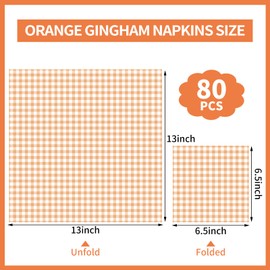 80 Pcs Orange Gingham Napkins, 6.5X6.5 Inch Orange and White Checkered Napkins Plaid Picnic Napkin Gingham Party Supplies for Picnic, Birthday, Autumn Harvest