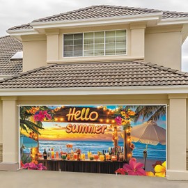 Hello Summer Garage Door Banner - 71"x157" Polyester Mural, Perfect for Outdoor & Indoor Decor, Holiday & Party Background 6 x 13 ft