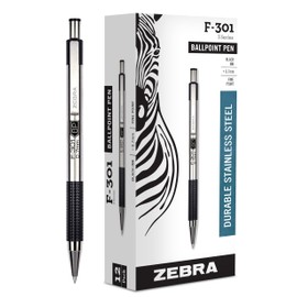 Zebra Pen F-301 Ballpoint Fine Point 0.7mm, Black Easy-Glide Ink, Stainless Steel Retractable, Non-Slip Grip, Metal Clip, Refillable, Professional Design, Ideal for Gifts and Office, 12-Pack (27110)