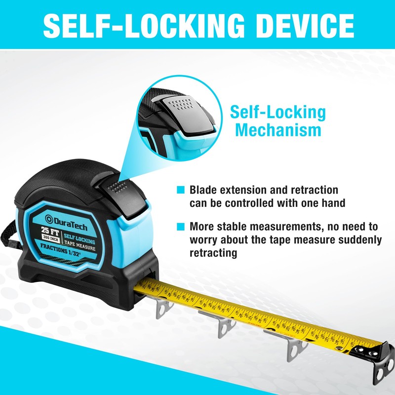 DURATECH 25FT Auto-Lock Tape Measure, Easy Read Magnetic Measuring Tape