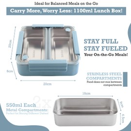 xxonyx Bento Lunch Box 1100ml for Adults and Kids Stainless Steel Compartments Leakproof Large Capacity Packed Metal Lunchbox for Hot Food and Salad Snack Container (blue)