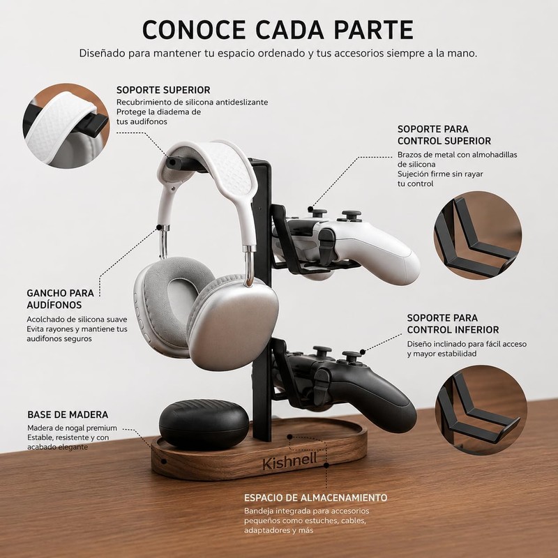 Soporte Gamer de Madera Nogal Universal para Audífonos y 2
