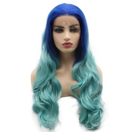 Mxangel Long Wavy Blue Synthetic Lace Front Two Tone Ombre Wavy Heat Resistant Wig