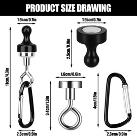Fonyet Magnetic Hooks Extra Strong 6 Pieces Magnet with Carabiner Hook, 360 Degree Rotating Magnetic Hook Round Removable Magnetic Hook for Camping Garage Kitchen Office Hooks