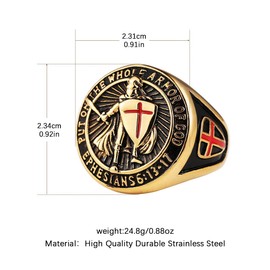 HZMAN Stainless Steel Knights Templar Ring for Men Boys Retro Put On The Whole Armor of God Ephesians 6:13 Red Cross Ring Jewelry Gift (Gold,8)