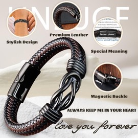 Mother and Son Forever Linked Together Braided Leather Bracelet, Mens Leather Bracelets Layer Inspirational Infinity Bangle Wristband Christmas Birthday Gift for Man Son Husband Boyfriend Grandson (Black, To My Husband)