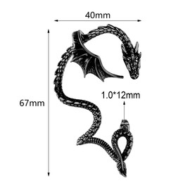 AccGin Gothic Dragon Ear Cuff 1pcs Retro Silver Punk Hip Hop Stainless Steel Snake Dragon Cuff Earring Cartilage Climber Ear Wrap Ear Earrings Stud Wrap Snake Dragon Earrings for Women or Men