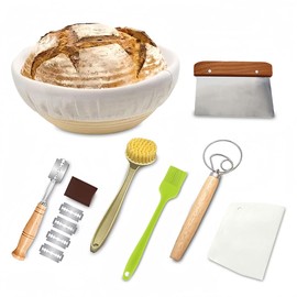 Banneton Bread Proofing Basket Set: 9" Round Sourdough Starter Kit, Artisan Bread Making Supplies with Linen Liners, Bread Lame, Danish Whisk, Bread Making Tools – Natural Rattan Baskets