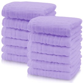 Cute Castle 12 Pack Muslin Baby Washcloths - Large 12'' by 12'' - Ultra Soft 100% Cotton - Super Absorbent Burp Cloths for Unisex, Boy, Girl -Purple