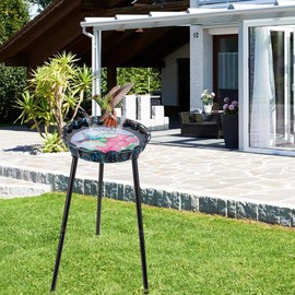 Venniy Bird Baths for Outdoors with Metal Stand,Bird Bath for Outside with Hummingbird Pattern Metal Disc,Birdbaths & Supports for Patio Garden Backyard Decking