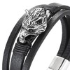 COOLSTEELANDBEYOND Men Steel Vintage Wolf Head Three-Strand Black Braided Leather