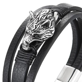 COOLSTEELANDBEYOND Men Steel Vintage Wolf Head Three-Strand Black Braided Leather Bangle Wristband Bracelet(CA)