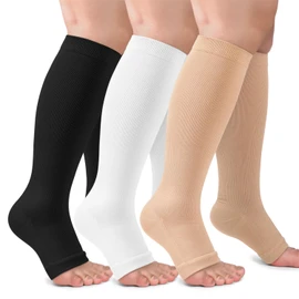 3 Pack Open Toe Compression Socks for Women and Men, Toeless Knee High Stockings for Circulation Support, Black White Nude Small-Medium