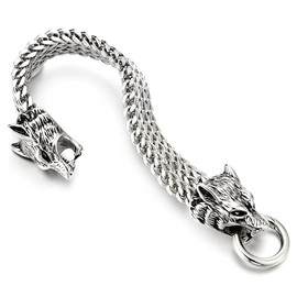 COOLSTEELANDBEYOND Biker Mens Stainless Steel Wolf Head Franco Link Curb Chain Bracelet with Spring Ring Clasp, Length 8.66", Width 0.71", Stainless Steel, no gemstone