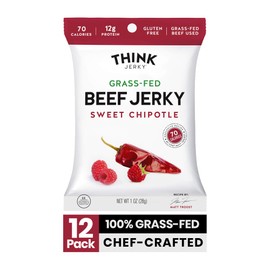 Sweet Chipotle Beef Jerky by Think Jerky — Delicious Chef Crafted Jerky — Grass-Fed Beef Free of Gluten, Antibiotics and Nitrates — Healthy Protein Snack Low in Calories and Fat — 1 Ounce (12 Pack)
