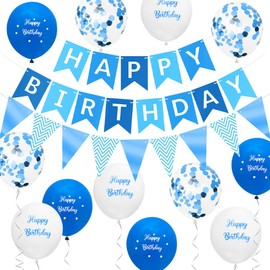 Happy Birthday Banner for Boys Birthday Party Decorations Light Blue Birthday Decorations for Boys with 16pcs Thick 12 Inch Blue Birthday Party Balloons by Wonsta