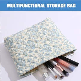 FITINI Makeup Bag Travel Large Portable Quilted Floral Print Cosmetic Organizer Cute Pouch for Women Soft Cotton Zipper Waterproof Toiletry Storage Bags, L-Quilting Blue Flower, Quilted