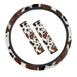 Coldinair Brown Cow Print Universal Car Steering Wheel Cover & Seat Belt Shoulder Pads Fit Most Cars,Truck SUV,Soft and Stretchy