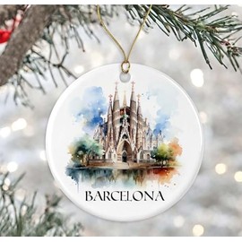 Barcelona Watercolor Ornament, Barcelona Spain Christmas Ornament, Gift For Barcelona Lover, Keepsake Ornament, Travel Souvenirs, Housewarming Gift, Xmas Ornament Ceramic Printed on Both Sides