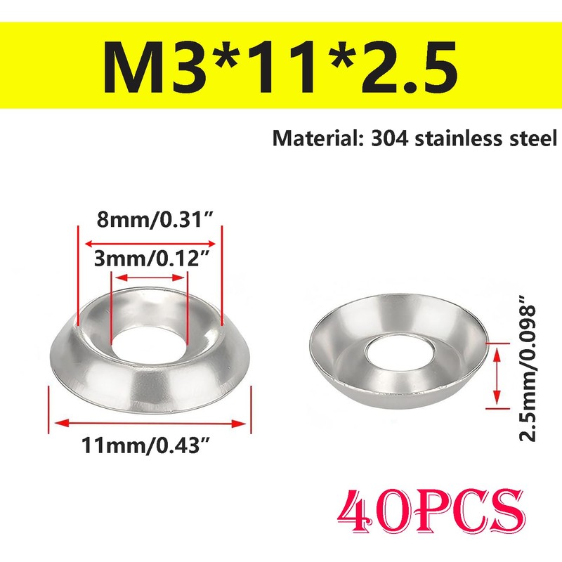 Qrity 40 Pcs 304 Stainless Steel Cup Washer, M3x11mmx2.5mm Countersunk